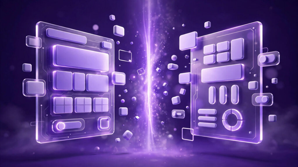 3D illustration of two page builder panels facing off