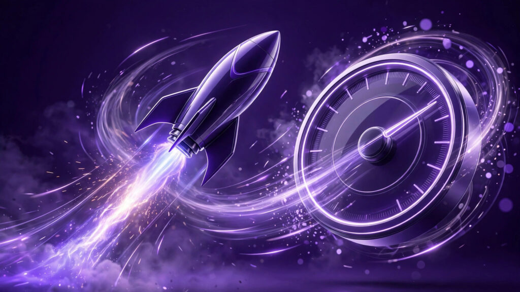 3D illustration of a rocket and speedometer for website speed