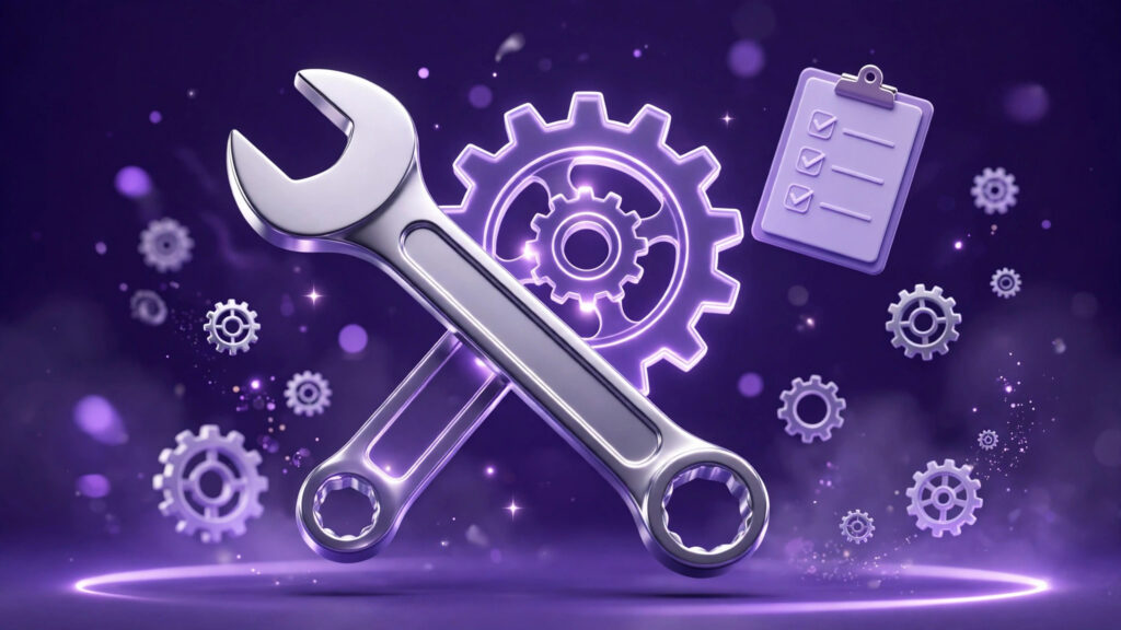 3D illustration of a wrench and gear for WordPress maintenance
