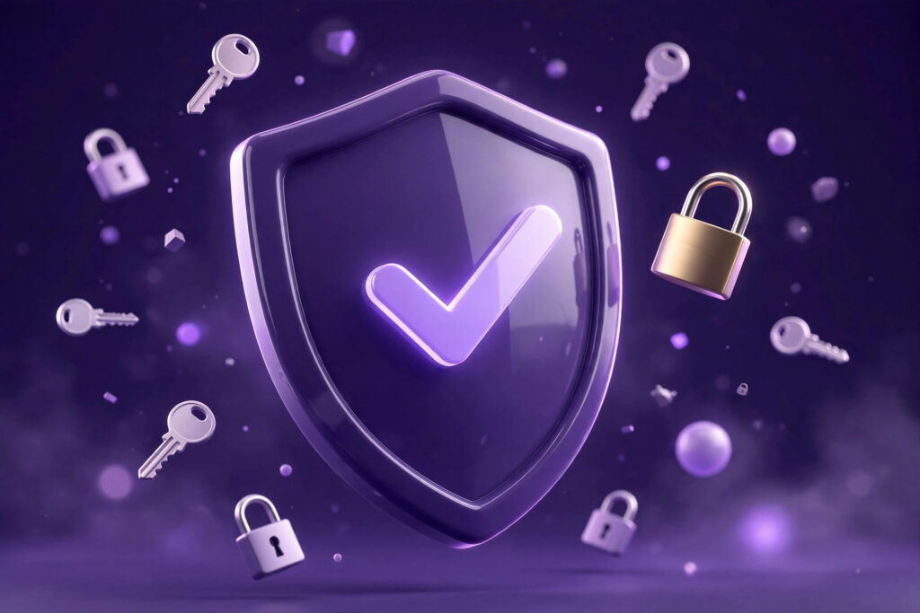 3D illustration of a shield with a checkmark for WordPress security
